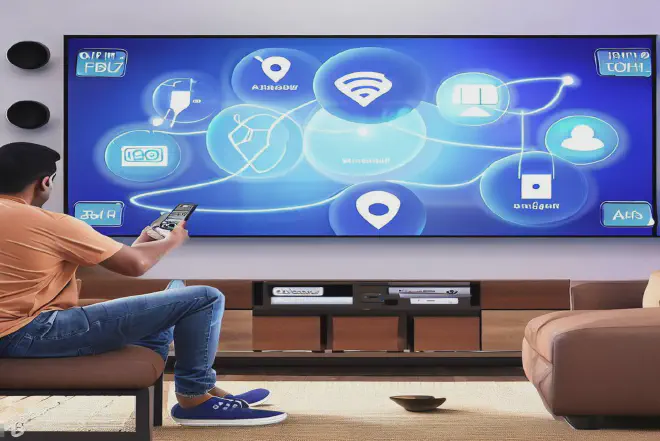 A person holding their smartphone next to a smart TV, demonstrating how to connect your phone to your smart TV wirelessly