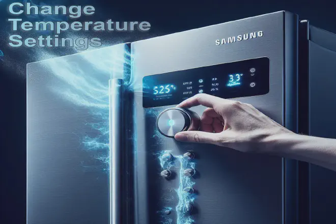 Illustration demonstrating step-by-step instructions on how to change temperature on a Samsung fridge