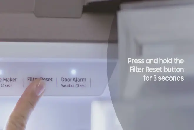 A step-by-step guide showing how to reset filter on a Samsung fridge