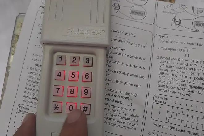 An instructional image depicting the process to program a clicker garage door opener